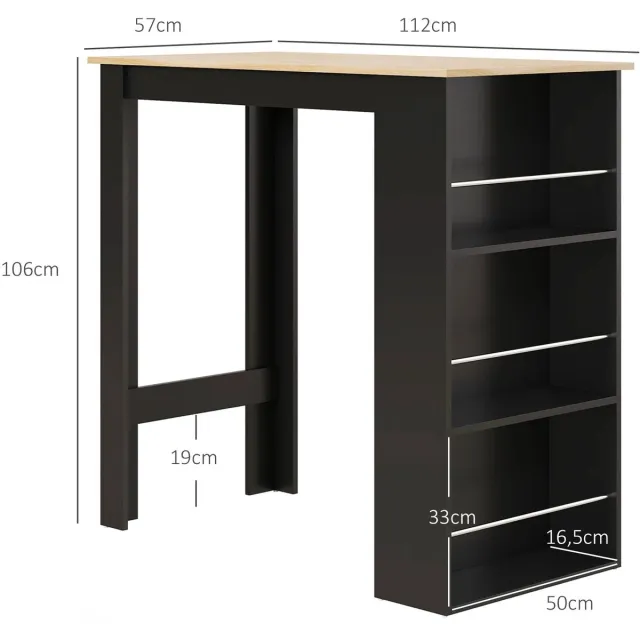 Roossentials bartafel - Hoge keukentafel - Sta tafel - Bar voor keuken - Keukeneiland - Met 3 planken - Zwart - Hout - Moderne stijl