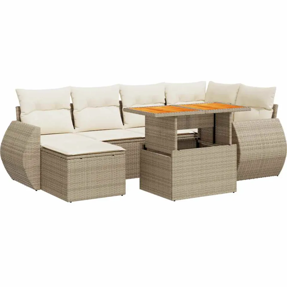 vidaXL 7-delige Loungeset met kussens poly rattan beige, foto 3