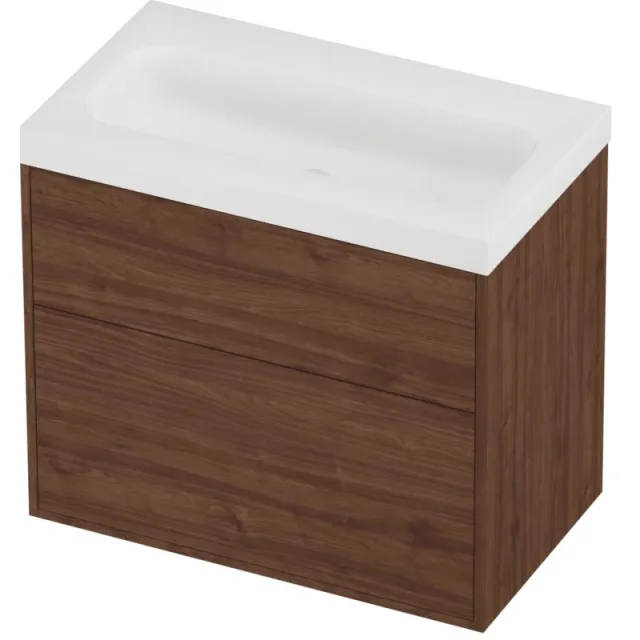 Proline Haga Badmeubelset Polystone Mezza 2 Laden 80x46x73 cm Mat White Indian Walnut Houtlook