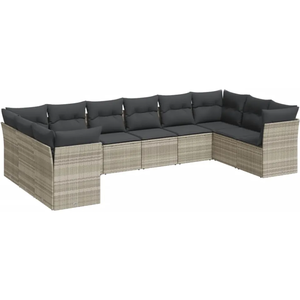vidaXL 10-delige Loungeset met kussens poly rattan lichtgrijs