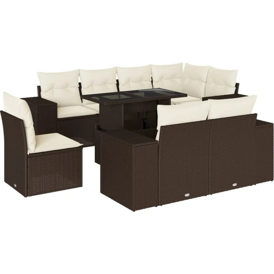 vidaXL 9-delige Loungeset met kussens poly rattan bruin