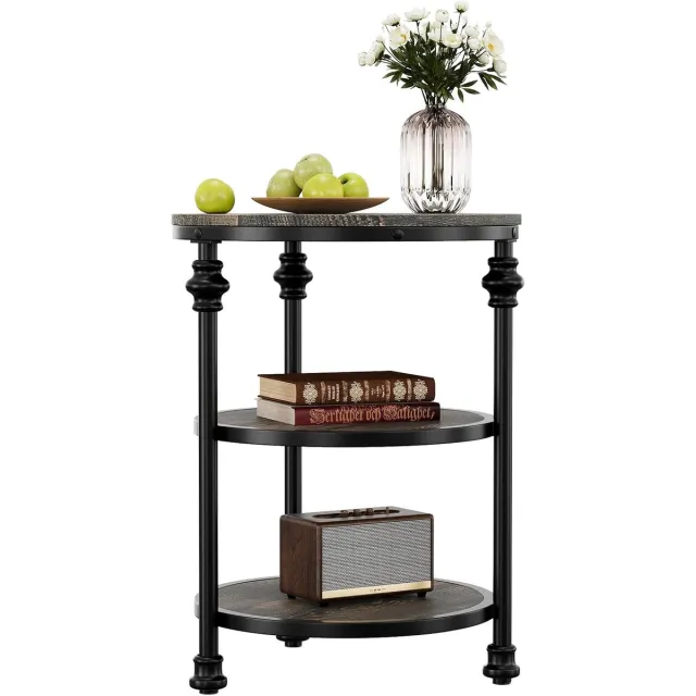 Triumpunpre Ronde salontafel met 3 niveaus – Moderne industriële stijl met planken – Duurzaam hout en metaal – Perfect voor de woonkamer, slaapkamer of kleine ruimte – Donkere eiken afwerking Retro kleur