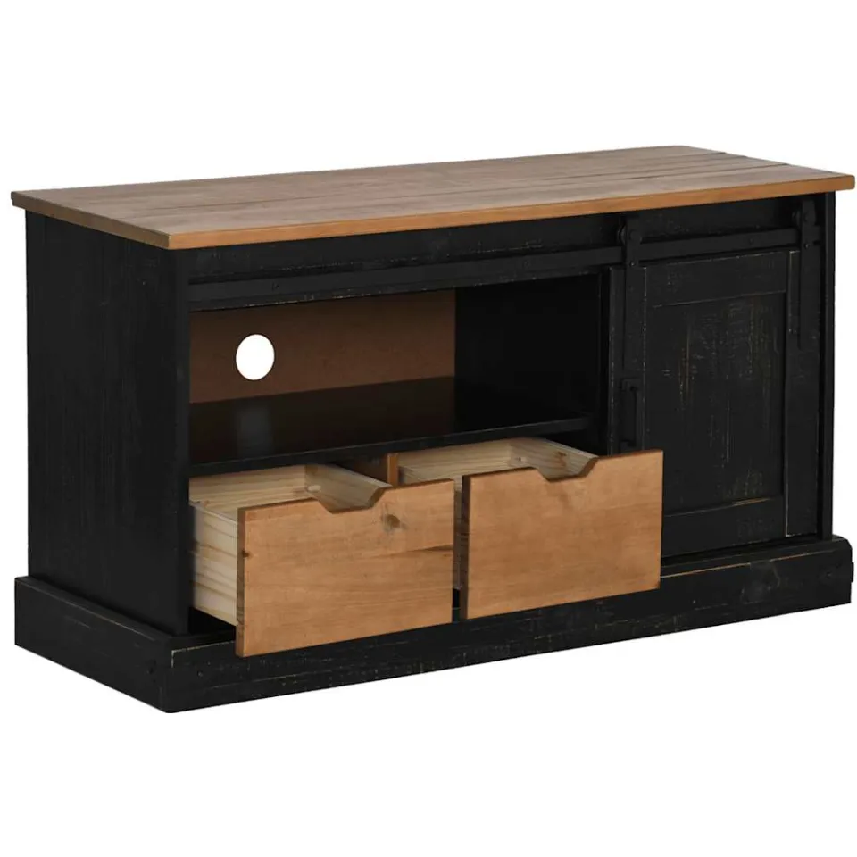 vidaXL Tv-meubel HALDEN met schuifdeur zwart 110x40x60 cm massief hout, foto 4