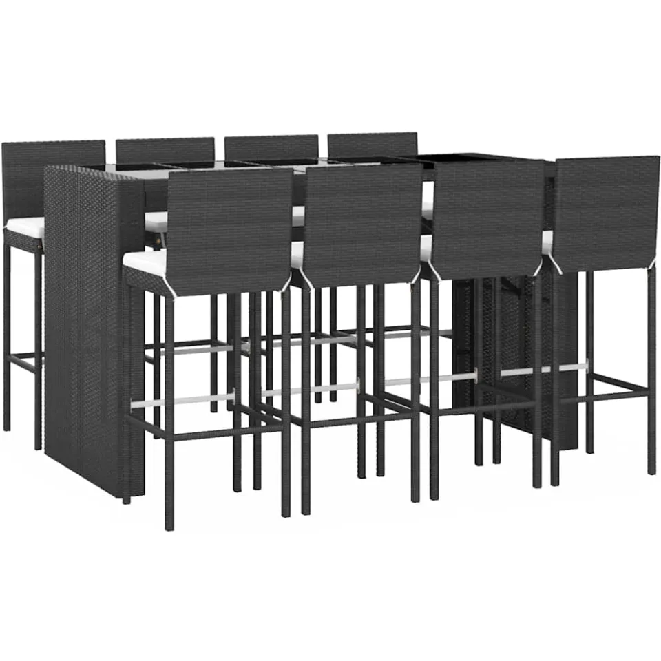 vidaXL 9-delige Tuinbarset met kussens poly rattan zwart