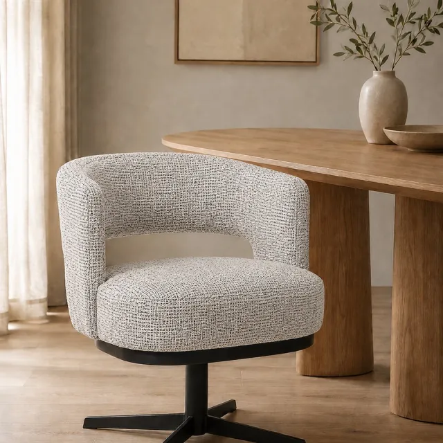 The Seats Eetkamerstoel Bowie – Luxe Draaibare Armstoel – Cremona Stof – 360° Draaibaar - Black and White Grijs
