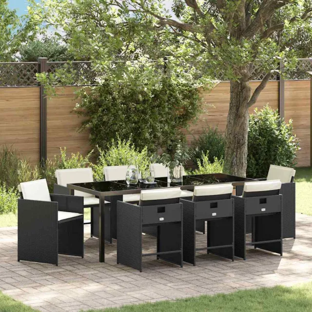 vidaXL Tuin eettafelset 9 st Zwart poly rattan