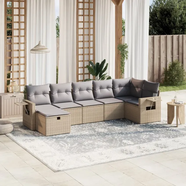 vidaXL 7-delige Loungeset met kussens poly rattan gemengd beige, foto 2