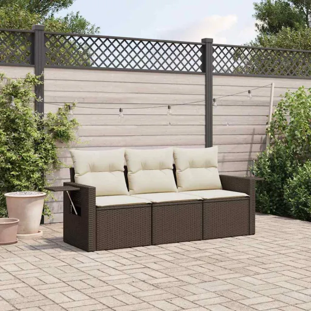 vidaXL 3-delige Loungeset met kussens poly rattan bruin, foto 2