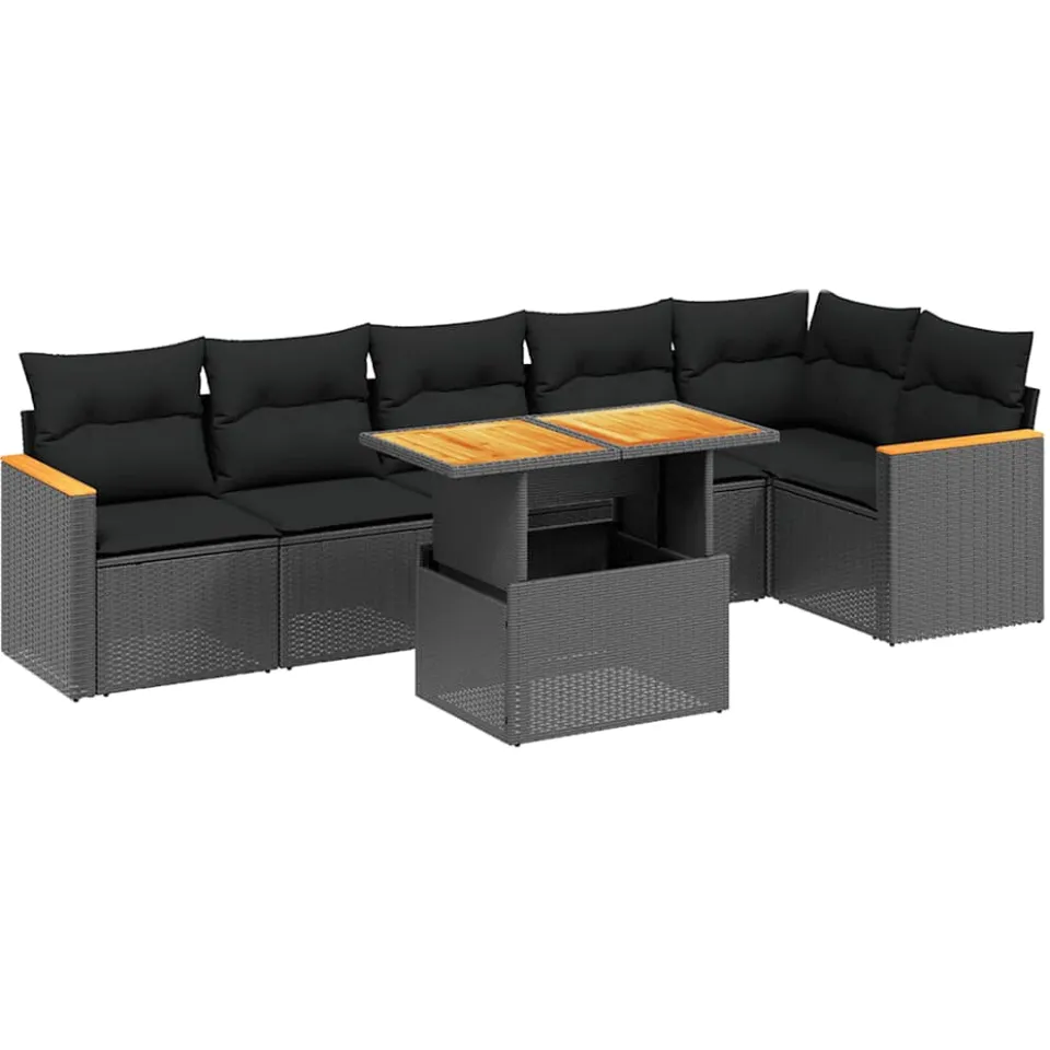 vidaXL 7-delige Loungeset met kussens poly rattan zwart