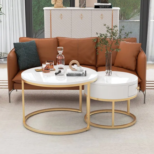 FLIEKS Moderne geneste marmeren salontafel set van 2 stuks - ronde salontafel - ronde bijzettafel Wit