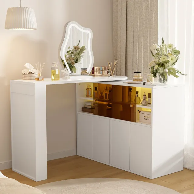 DESMIU Kaptafel – Draaibaar L-Vormig Ontwerp – 177 x 40 x 131,5 cm – Spaanplaat – Wit – Met Dimbare Driekleurige Ledspiegel En Opbergruimte