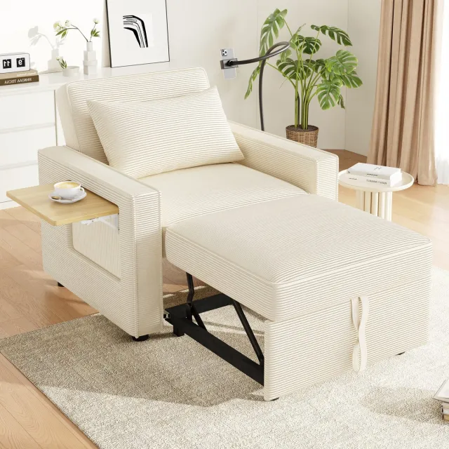 MODENUIT Slaapbank 93 x 150 cm - 1-Zits Met Verstelbare Rugleuning En Usb - Voor Woonkamer - Cord Beige