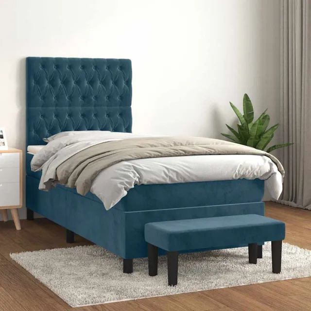 vidaXL Boxspring met matras fluweel donkerblauw 100x200 cm blauw