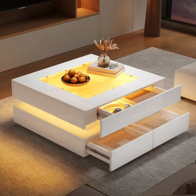 MUVANO Vierkante Salontafel Wit - Salontafel Met Led Verlichting - Glazen Salontafel Met 3 Lades - 70x70x35cm - App Bediening - Woonkamer Wit