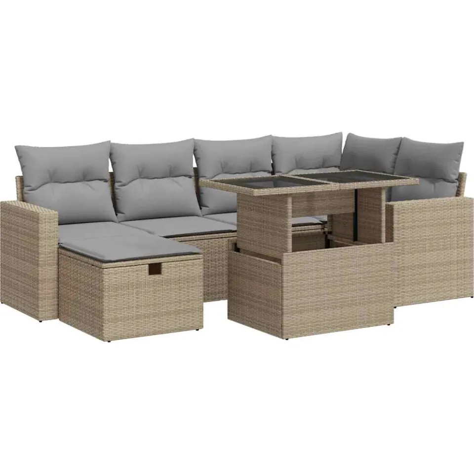 vidaXL 7-delige Loungeset met kussens poly rattan beige, foto 3