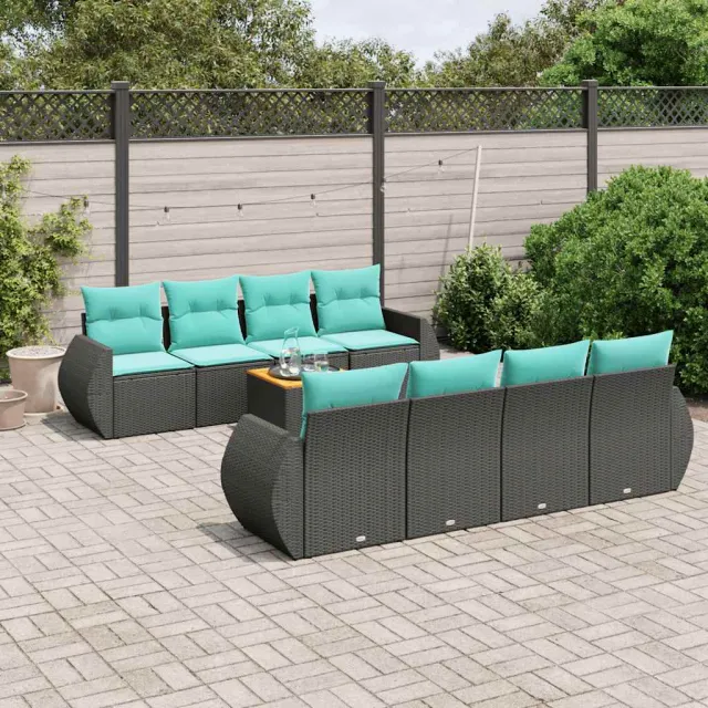 vidaXL 9-delige tuinbankset met kussens van zwart polyrotan, foto 2