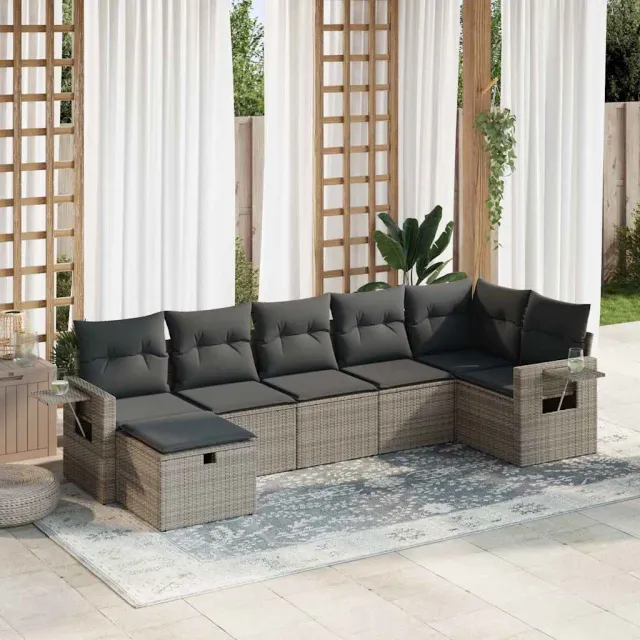 vidaXL 7-delige Loungeset met kussens poly rattan grijs, foto 2