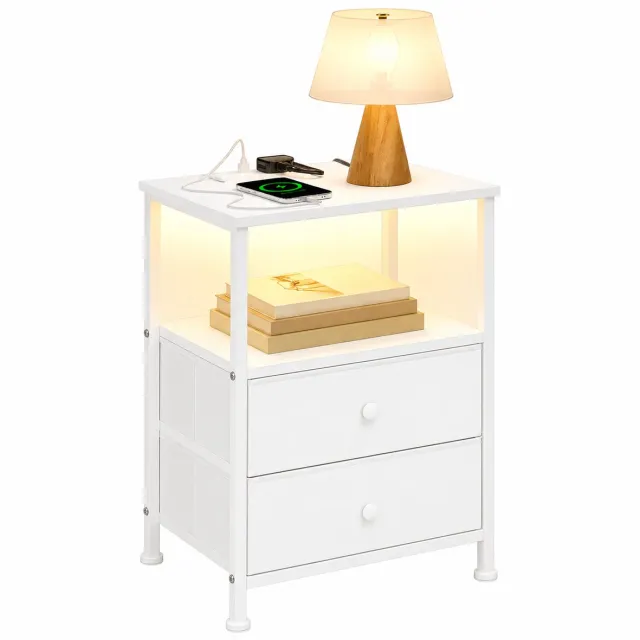 Veya Nachtkastje set van 2 - 21 dynamische kleuren LED-verlichting - Telefoon (draadloos) opladen - 40x30x60cm (BxDxH) - Wit