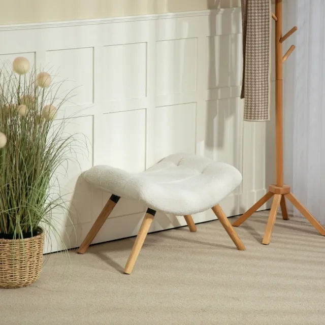 CHICFURN Voetenbankje - Fleece bekleding - Houten poten - Crèmewit
