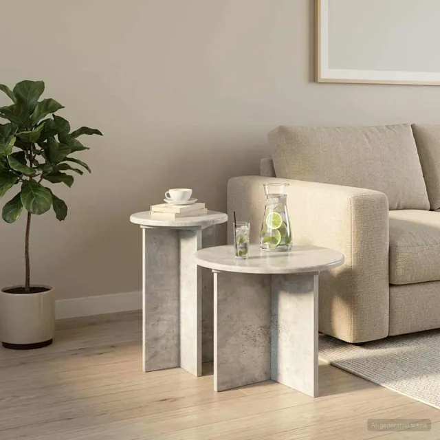 vidaXL Bijzettafelset 2 st Betongrijs Ø 45 x 35 cm Bewerkt hout