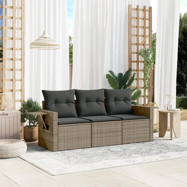 vidaXL 3-delige tuinbankset met kussens, grijs polyrotan, foto 2