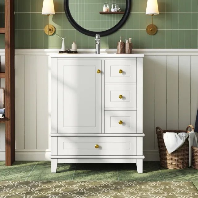 MIVRAY Badkamerkast Met Wastafel - Hoogglans Wit Met 3 Lades En Soft Close Deur - Voor Badkamer En Wastafelopslag - MDF En Keramiek - 61 Cm