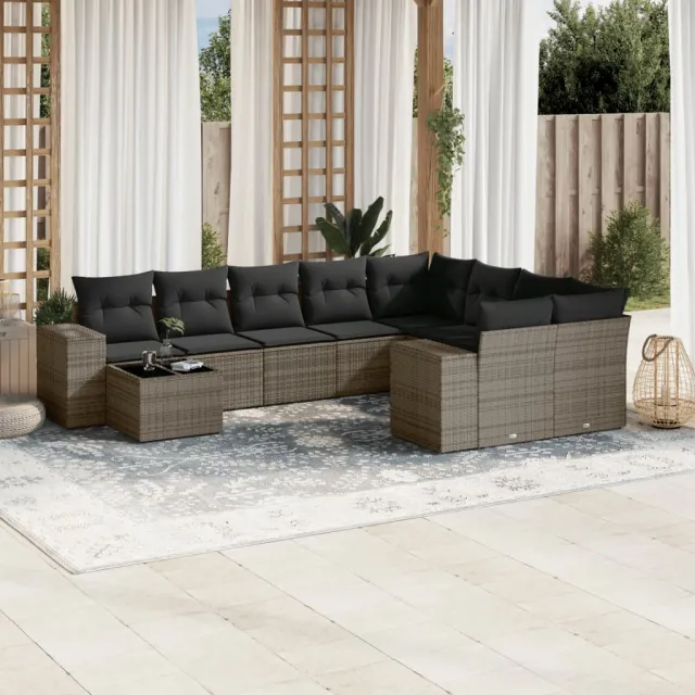 vidaXL 10-delige Loungeset met kussens poly rattan grijs, foto 2