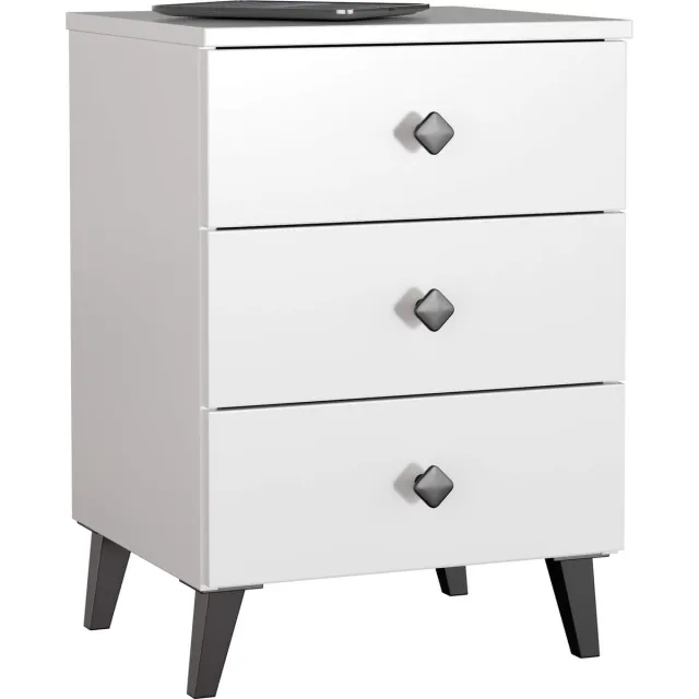 Akord Nachtkastje MOBI met 3 Lades / AKORD Furniture Factory / Wit met Zwarte Handgrepen / 40 x 58 x 37 cm