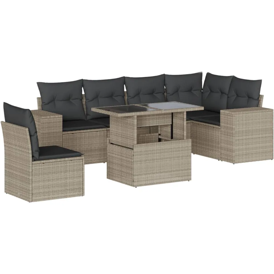 vidaXL 7-delige Loungeset met kussens poly rattan lichtgrijs grijs