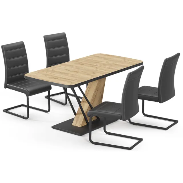 Vicco Eettafel set Fenaro, Goudkleurig Eiken, 120 x 80 cm met 4 eetkamerstoelen, zwart