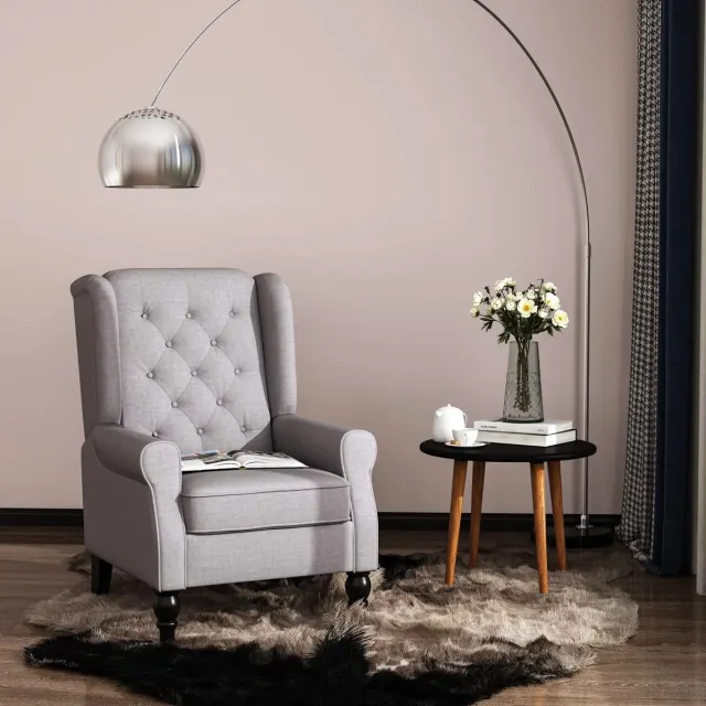 MEUNIQ fauteuil 74 x 86 x 102 cm met hoge rugleuning, knoopstiksel, armleuningen en zwarte houten poten, polyester bekleding voor woonkamer of leeshoek, grijs