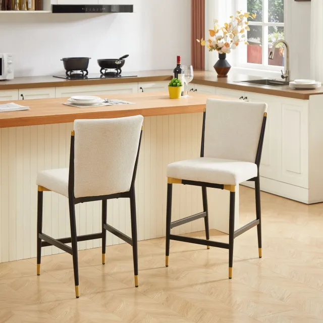 MEUNIQ 2-delige barkrukken op thekenhoogte, Scandinavische stijl, met rugleuning en rechthoekige voetsteun, zwarte metalen frame, beige stof