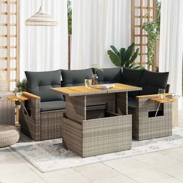 vidaXL 5-delige Loungeset met kussens poly rattan acacia grijs, foto 2
