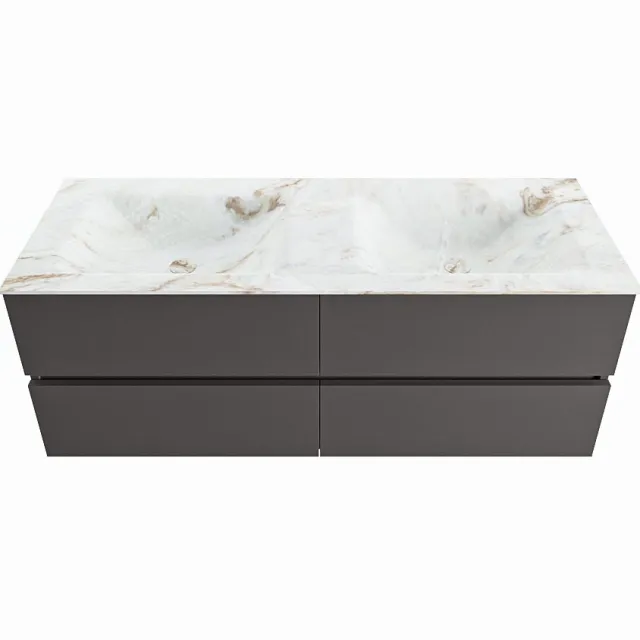 Mondiaz VICA-DLUX 130cm badmeubel onderkast Dark grey 4 lades. Inbouw wastafel CLOUD dubbel 2 kraangaten, kleur Frappe.
