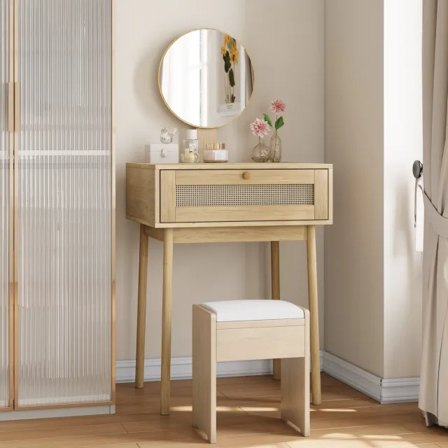 DESMIU Kaptafel Met Spiegel En Lade – Bohemian – 60 X 50 X 128 Cm – Hout En Rotan – Eiken – Compact Voor Slaapkamer En Kleedkamer Oak