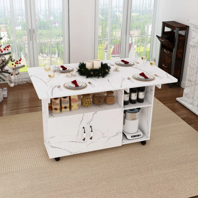 HAUSS SPOLE Eettafel - Verrijdbaar Met Twee Opklapbare Bladen En Opbergruimte - Voor Keuken En Werkplek - MDF - 110x70x80 cm - Wit Marmerlook