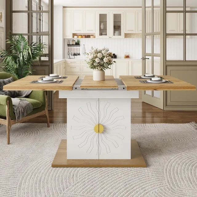 Sweiko PHOEBE CAT Eettafel - Uitschuifbare tafel - Houtnerf - Met opbergkast - 110(140) x 70 x 76 cm - Wit + Natuurlijke