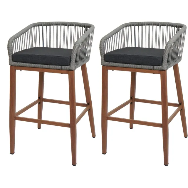MCW Set van 2 Touw barkrukken MCW-O22, buiten zitkussen touw vlechtwerk metaal hout-look ~ lichtgrijs, donkergrijs kussen