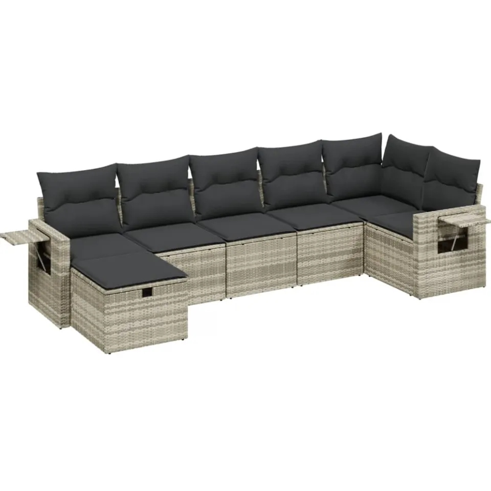 vidaXL 7-delige Loungeset met kussens poly rattan lichtgrijs grijs