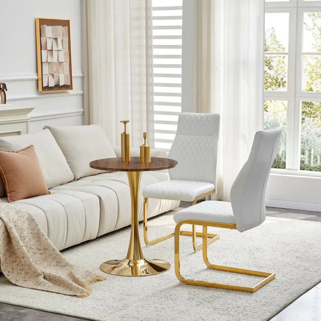 STILVORA Tafel En Stoelen Set Rond 60 Cm - MDF In Walnootlook Met Goudkleurige Sokkel - 2 Witte Eetkamerstoelen - Modern Voor Eetkamer En Woonkamer