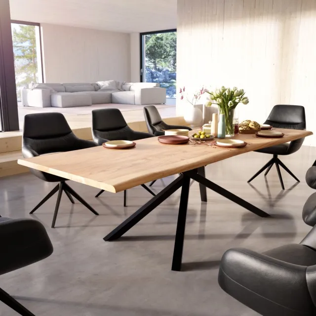 DELIFE Eettafel Edge acacia natuur 260x100 kruisframe rechthoek zwart Live-Edge eettafel Bruin