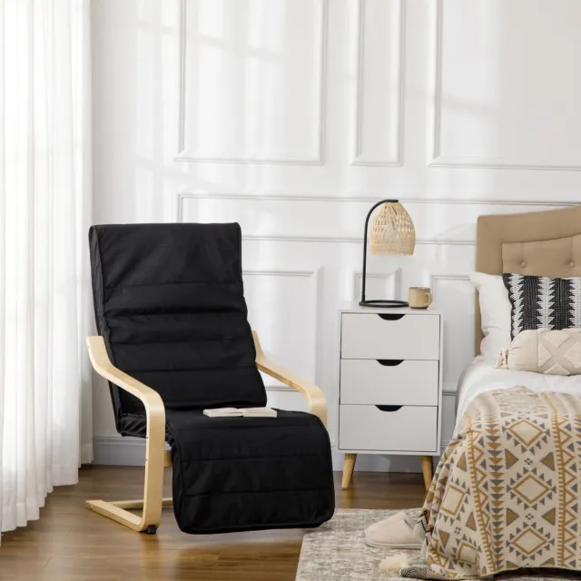 FloraGrace Relaxfauteuil 94 Cm - 5-Standen Voetensteun En Schommelend Onderstel - Voor Woonkamer Of Leeshoek - Berkenhout En Stof - Zwart
