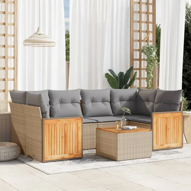 vidaXL 7-delige Loungeset met kussens poly rattan beige, foto 2