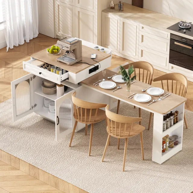 MODFU Uitschuifbare Keukeneilandtafel - Met Rollen En Ledverlichting - Scandinavisch - Voor Keuken En Eetkamer - MDF En Glas - Wit
