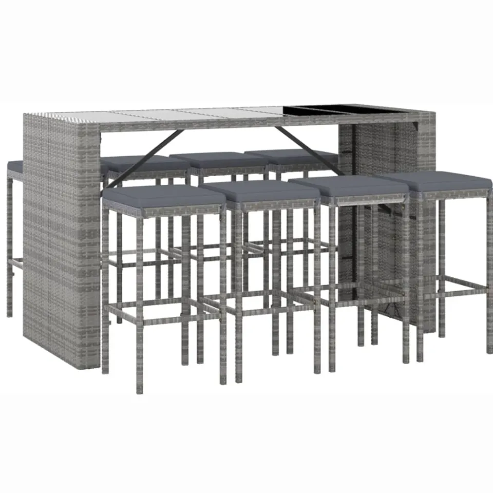 vidaXL 9-delige Tuinbarset met kussens poly rattan grijs