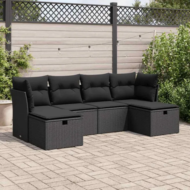 vidaXL 6-delige Loungeset met kussens poly rattan zwart, foto 2