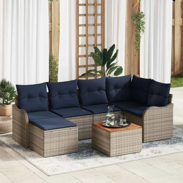 vidaXL Tuinbankenset 7 st Grijs en Marineblauw poly rattan, foto 2