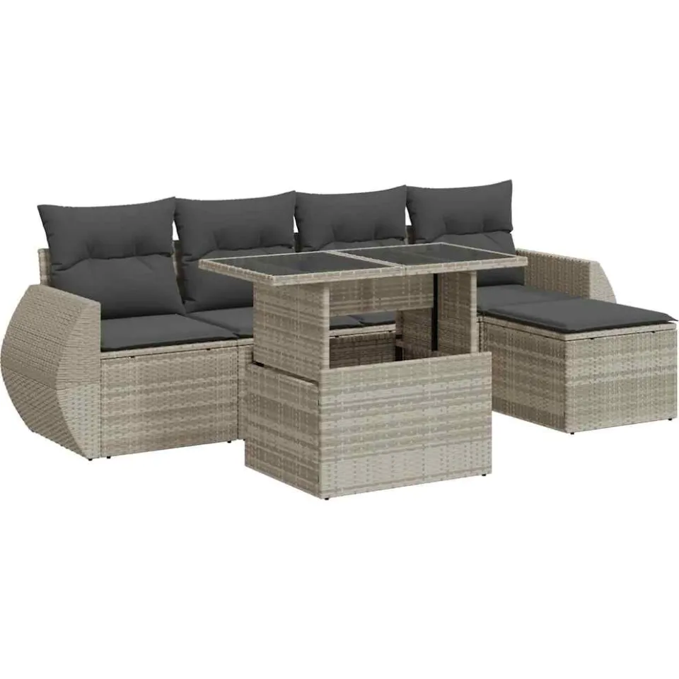 vidaXL 6-delige Loungeset met kussens poly rattan lichtgrijs grijs, foto 3