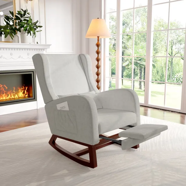 ROSAHQNDA Schommelstoel 64x67x99 cm met voetenbank, relaxstoel, gestoffeerde fauteuil voor woonkamer, verpleegstoel, houten poten, linnen-katoen, grijs