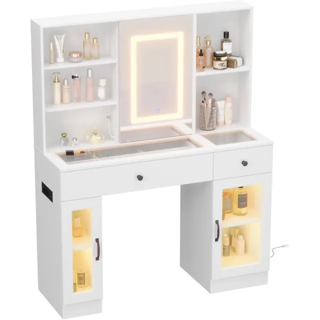 HOERFURIY Luxe Kaptafel met LED Spiegel & Glazen Bovenblad - Make-up Tafel met 3 Kleurmodi, Glazen Vitrines en USB/AC Stopcontacten - Krasbestendig - wit